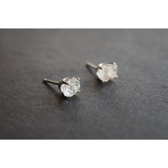Sterling silver stud earrings, alternative diamond, uncut natural gemsto… - Picture 2 of 5